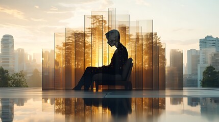 Contemplative individual seated amidst urban landscape with nature elements reflective mood modern city sunset glow