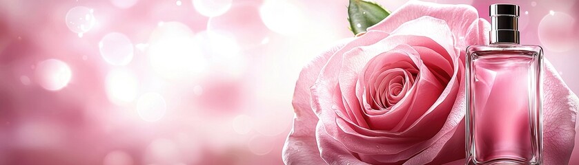 Pink rose & perfume bottle; soft background; romantic; ad