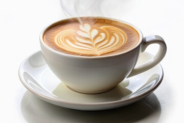 Fototapeta premium Creamy Cafe Latte in White Mug, Isolated on White Background - Stock Photo