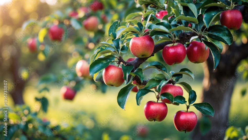 Aufkleber horizontal banner featuring an apple tree in a bright morning backdrop. lush red apples are clustere