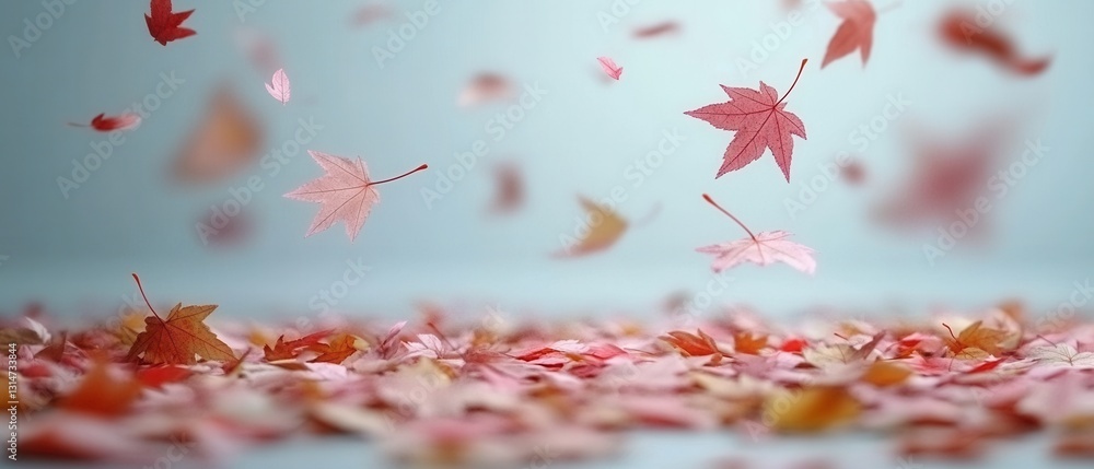 Poster captivating autumnal serenity falling maple leaves on a soft blue background with a gentle breeze an