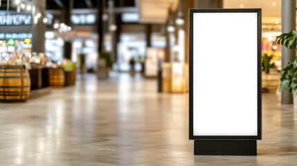Glowing blank digital signage display on modern black pillar inside lively marketplace, ideal for advertisement mockup
