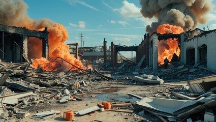 Obraz premium View of the destroyed structures as investigators keep examining the site after a fire at a warehouse filled with explosives that led to major explosions.