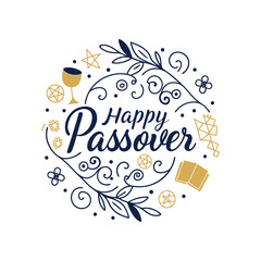 Happy Passover vector illustration with greeting text and for celebration of Passover , isolated on the white  background. Hand lettering calligraphy. Floral circle greeting frame