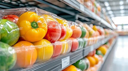 Fresh produce display in supermarket colorful vegetables food aisle bright environment perspective view for healthy eating