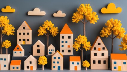 Fototapeta premium City of figure houses and autumn yellow trees. Real estate idea. Urbanism and infrastructure. Realtor services. Affordable housing. Changing seasons. Travel and tourism.
