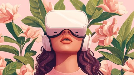 Exploring virtual reality technology a woman engaged in immersive experience surrounded by nature digital art close-up view