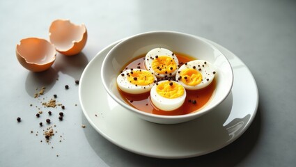 Traditional Asian breakfast featuring half-boiled eggs accompanied by soy sauce and pepper.