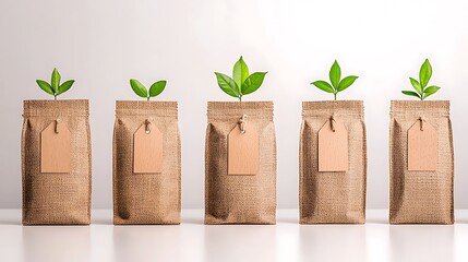 Growing sustainability potted plants in eco-friendly bags indoor setting photography minimalist aesthetic
