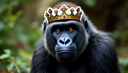 Obraz premium Gorilla Wearing Crown Portrait in Nature Setting Animal Royalty