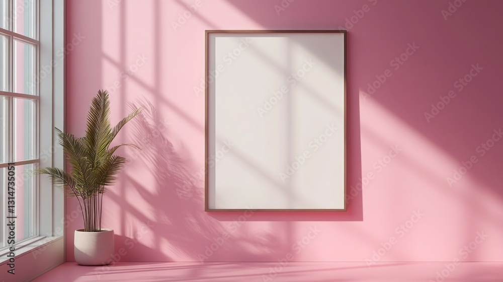 Poster bright sunlight filters through a large window, creating delicate shadows on a pink wall