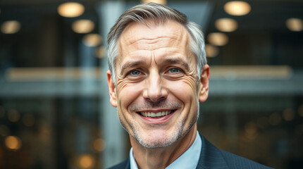male employee smiling happily with blurred background of office building