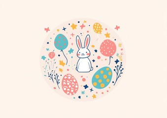 Festive Easter Bunny and Eggs with Balloons and Stars Illustration