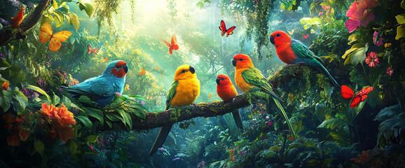 Vibrant parrots perched on a lush, tropical branch amidst colorful flowers and butterflies, showcasing a vibrant rainforest scene symbolizing nature's beauty and biodiversity