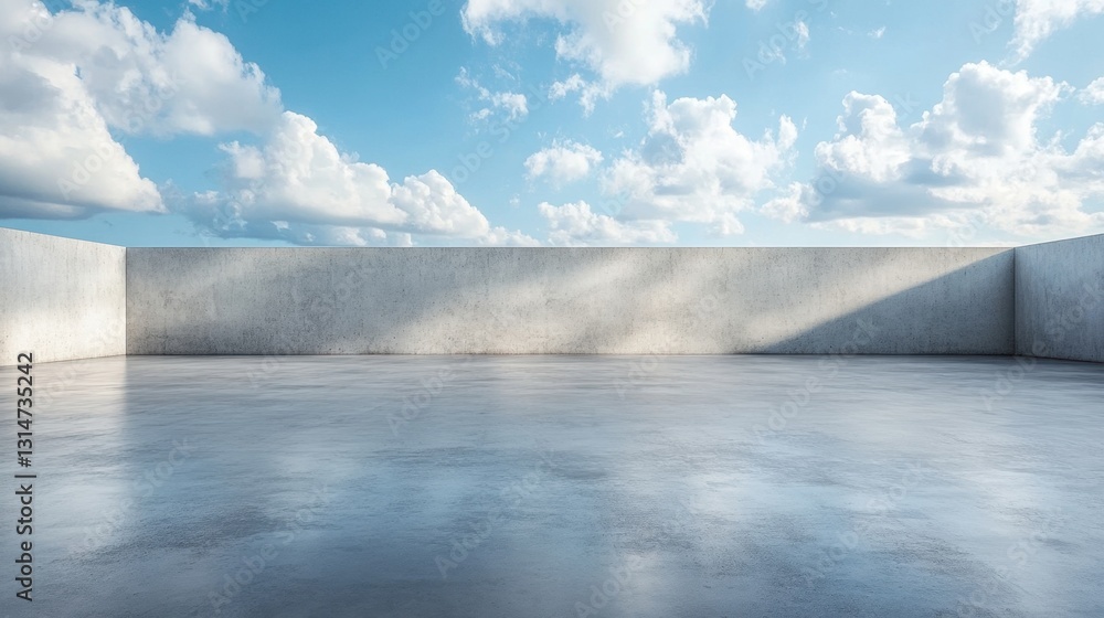 Aufkleber minimalist concrete structure under bright sky with fluffy clouds reflecting on the polished floor s