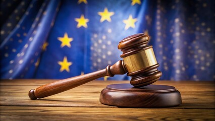 EU Law Gavel: Close-up Wooden Judge's Gavel on Table with European Union Flag Background - Panoramic Stock Photo