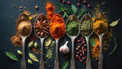 Tableau sur plexiglas Cuisine Assortment of natural spices displayed on vintage spoons against a dark background.  © CryptoCanvas