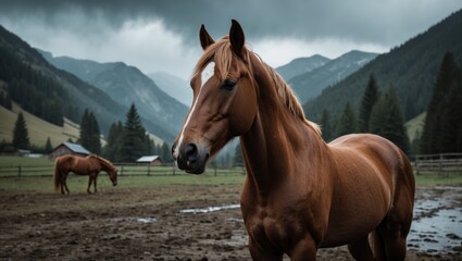 Obraz premium Beautiful and impressive horses on the farm. Horse portrait among the mountains.