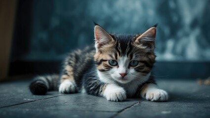 Portrait of a tricolor kitten resting on the floor. Feline depression. Sad cat. Bored cat.