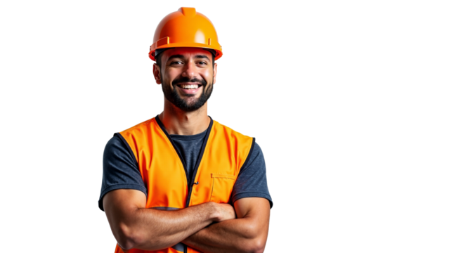 Confident Construction Worker in Bright Orange Hard Hat and Safety Vest, Isolated on Transparent Background for Safety Promotions