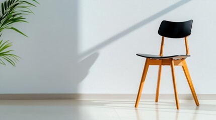 Black chair on a white background in a minimalist space . 