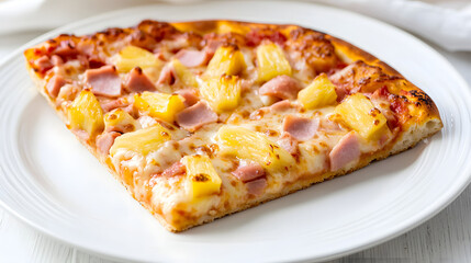Delicious Slice of Hawaiian Pizza with Ham and Pineapple on White Plate Ready to Enjoy