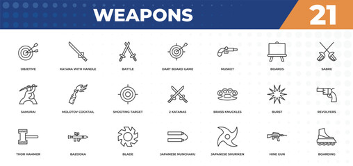 outline icons set - weapons concept. objetive, katana with handle and more.