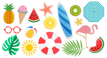 Tropical summer stickers Set. Icons for exotic vacation. Seasonal elements collection. Flamingos, flowers, pineapple, tropic leaves, citrus and exotic fruits, plumeria, watermelon.