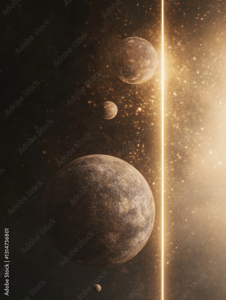 Poster unique virtual worlds represented by spheres connected with light beams in a cosmic environment at a