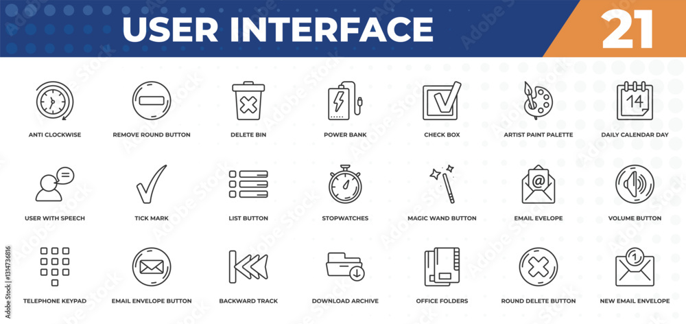 Poster outline icons set - user interface concept. anti clockwise, remove round button and more.