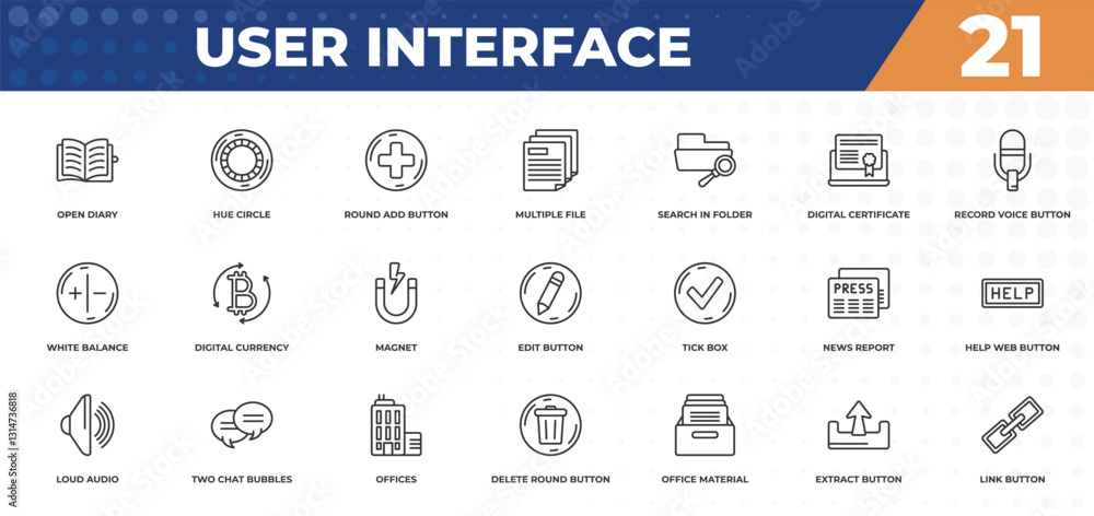 Poster outline icons set - user interface concept. open diary, hue circle and more.