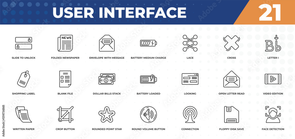 Aufkleber outline icons set - user interface concept. slide to unlock, folded newspaper and more.