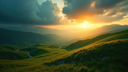 Fototapeta premium Panoramic view of the lush green mountains and hills during sunset. Stunning summer landscape.
