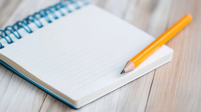 A blank page of a notebook with a pencil lying next to it . 