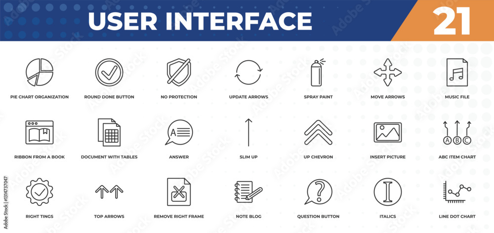 Poster outline icons set - user interface concept. pie chart organization, round done button and more.
