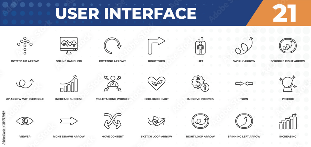 Poster outline icons set - user interface concept. dotted up arrow, online gambling and more.