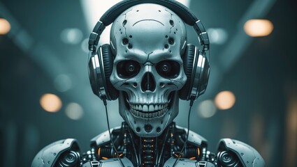 Photo of a cyborg with a skull face listening to music through headphones in a science fiction setting.