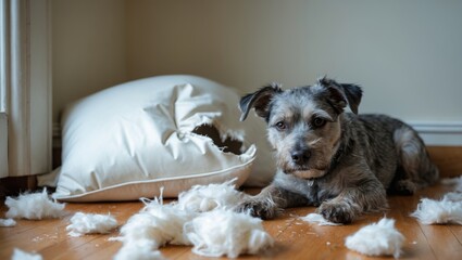 Dog Misbehaving by Destroying Cushion in the House