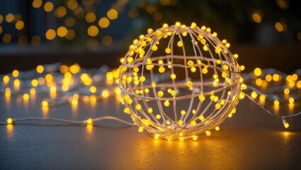 Obraz premium Decorative garland of glowing yellow shiny LED lights shining in a spherical shape during the festive season with a bokeh golden background at night.