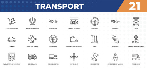 outline icons set - transport concept. cart with boxes, train front view and more.