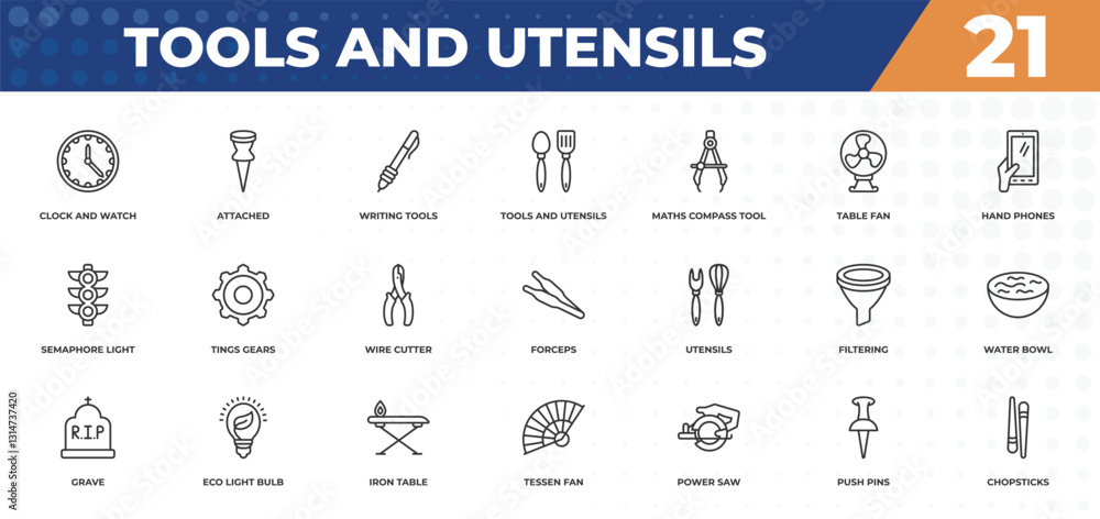 Poster outline icons set - tools and utensils concept. clock and watch, attached and more.