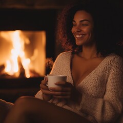 joyful woman in knit dress by fireplace holding cup of tea