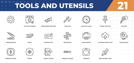 outline icons set - tools and utensils concept. , top load washer and more.
