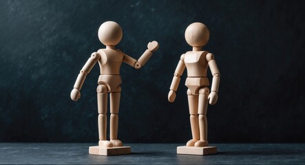 Assertiveness and confidence theme. Two wooden figures positioned on a dark surface.