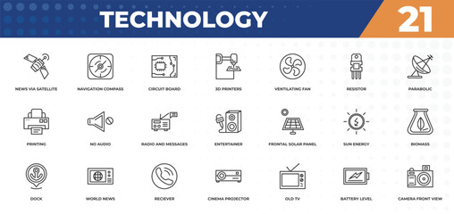 outline icons set - technology concept. news via satellite, navigation compass and more. © IconArt
