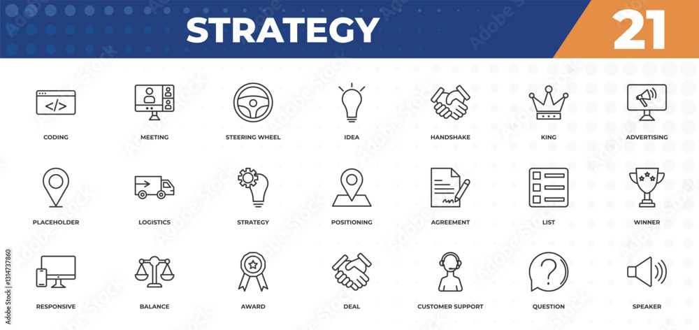 Poster outline icons set - strategy concept. coding, meeting and more.