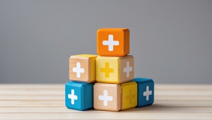 Orange plus sign placed on a wooden cube topped with a white up arrow to represent value-added product and service for the price increase concept.