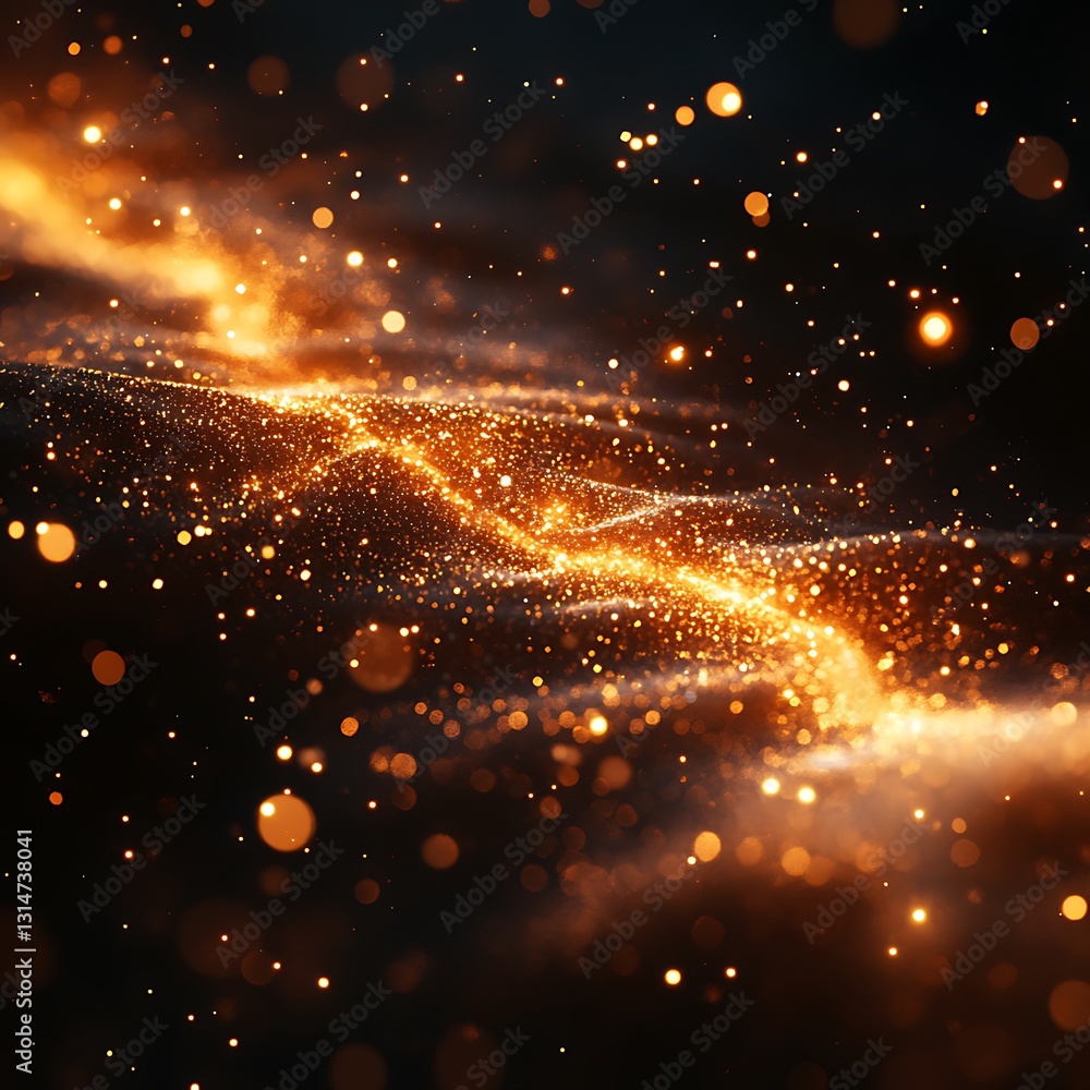 Poster golden particles creating wavy lines with blurry circles in dark background