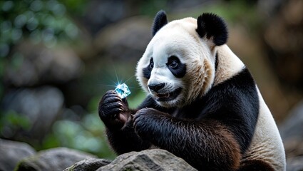 Fototapeta premium A close-up of a giant panda sitting on a rock holding a piece of ice, with a natural green background creating a serene atmosphere