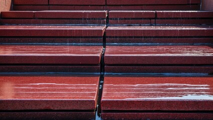 The red steps are slippery and wet, posing a challenge for climbing them. Water has infiltrated the gaps between the steps, resulting in a hazardous surface for anyone trying to go up or down.
